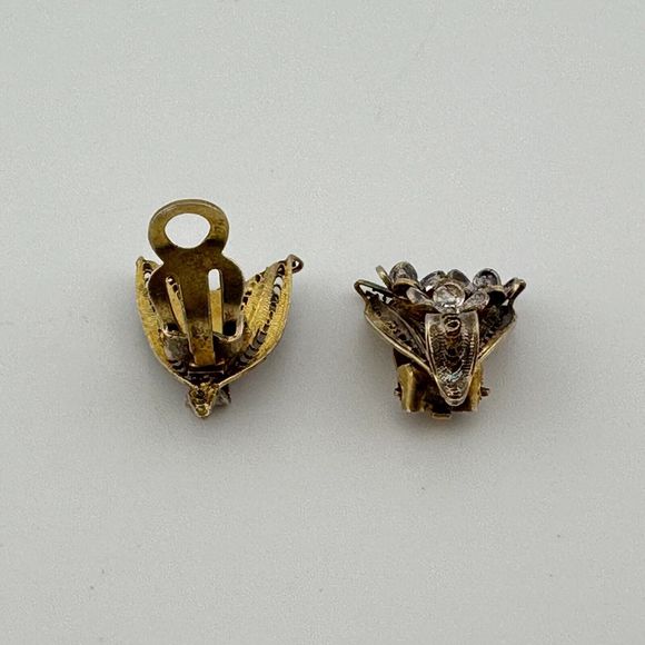 Vintage Vermeil Filigree Flowers Clip On Earrings Silver Gold Cannetille 7/8" L - Picture 10 of 15